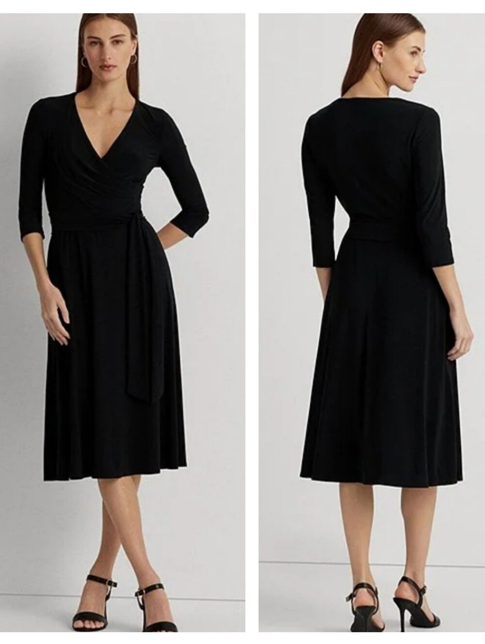 Lauren Ralph Lauren Wrap Front 3/4 Sleeve Jersey Midi Dress Size 2 Black
